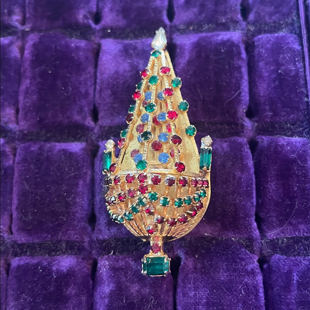Joseph Warner Chandelier Christmas Tree Gold Tone Brooch with Multicolor Blings